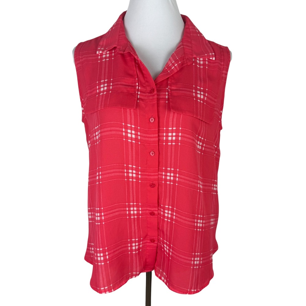 Worthington Women's Petite Large Coral Plaid Sleeveless Button Down Blouse Top
